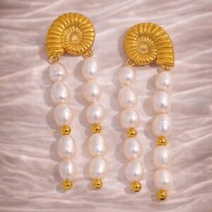 Freshwater Pearl 18K Gold Stainless Steel Waterproof Tassel Shell Earrings